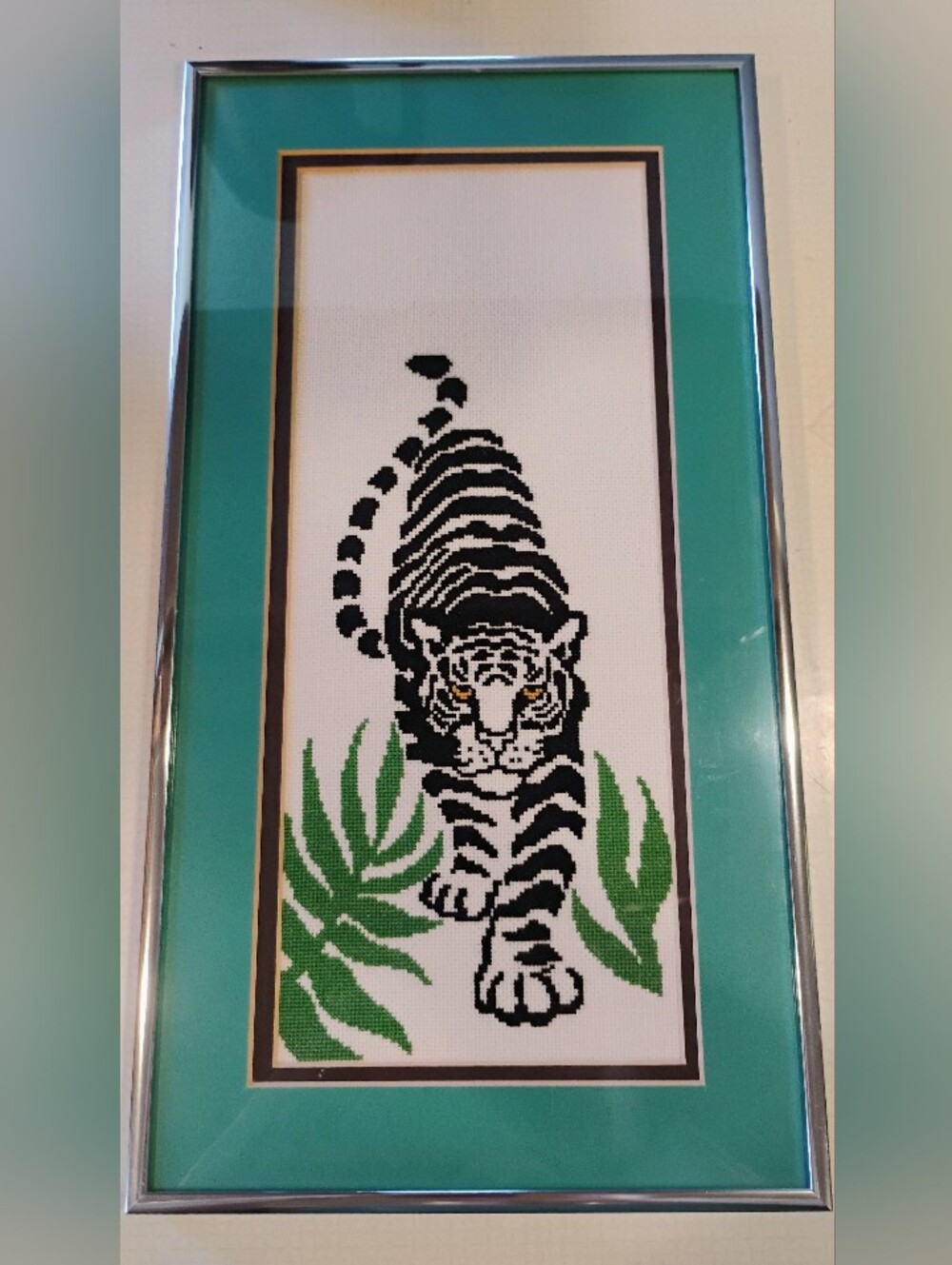 Framed Black & White Tiger Cross Stitch with Teal Mat 9 Inches X 17 Inches